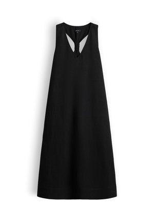 Robe noire sans manches coupe trapèze avec un col en V et un nœud noué au niveau de l'encolure, présentée sur fond blanc.