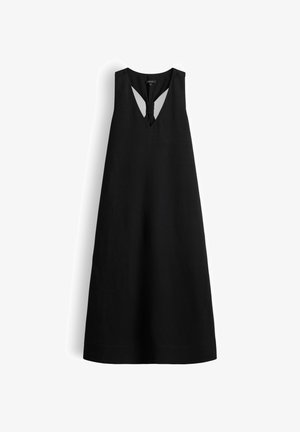 Black sleeveless A-line dress with a V-neck and a tied knot detail at the neckline, displayed on a white background.