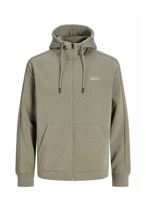 Sweat à capuche zippé marron clair avec poches devant, capuche avec cordon de serrage et petit logo blanc Jack & Jones sur la poitrine gauche.