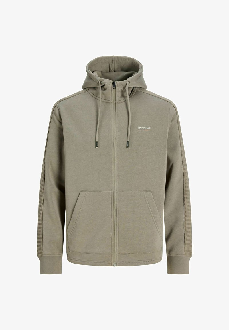 Sweat à capuche zippé marron clair avec poches devant, capuche avec cordon de serrage et petit logo blanc Jack & Jones sur la poitrine gauche.