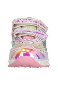 Velcro sneakers with shiny, iridescent material, pink outsole, silver accents, and a pastel-colored textile upper. Three adjustable straps.