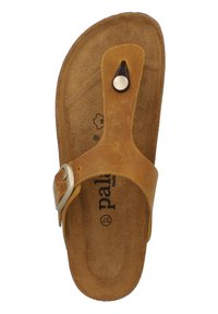 Sandalo in pelle marrone con una fascia stretta e fibbia metallica regolabile. Soletta texturizzata con un dettaglio circolare e logo del marchio stampato.