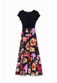 Robe maxi avec un haut noir ajusté et une jupe fluide à fleurs dans des couleurs vives. Propose une taille froncée et un ourlet à volants.