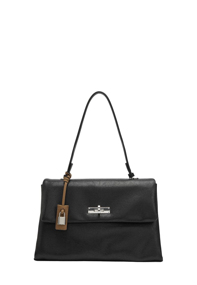 Czarna skórzana torebka o strukturalnym kształcie, z górnym uchwytem, srebrnymi akcesoriami oraz brązowym skórzanym akcentem z detalem zamka.