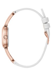 Orologio in metallo rosa dorato con un cinturino in pelle bianca sottile. Presenta un quadrante rotondo con una superficie in vetro liscia e un design minimalista.