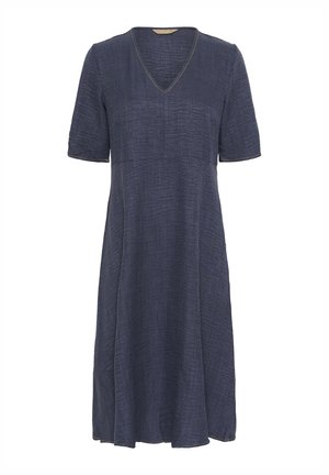 Navy blue dress in a lightweight, textured fabric with a V-neckline and short sleeves, featuring a relaxed fit and below-the-knee length.