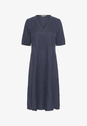 Tumesinine kleit kerge, struktuurse kangaga, millel on V-kaelus ja lühikesed varrukad, lõdva lõikega ja põlvest allpool.