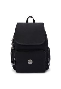 Black fabric backpack with a flap cover, multiple zippered pockets, silver hardware, and a round logo on the front. Smooth texture.