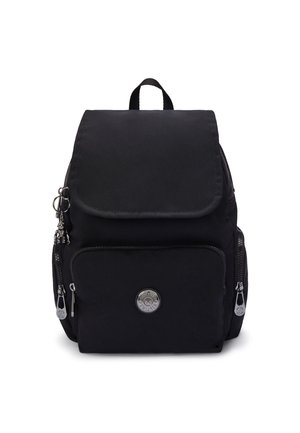Black fabric backpack with a flap cover, multiple zippered pockets, silver hardware, and a round logo on the front. Smooth texture.