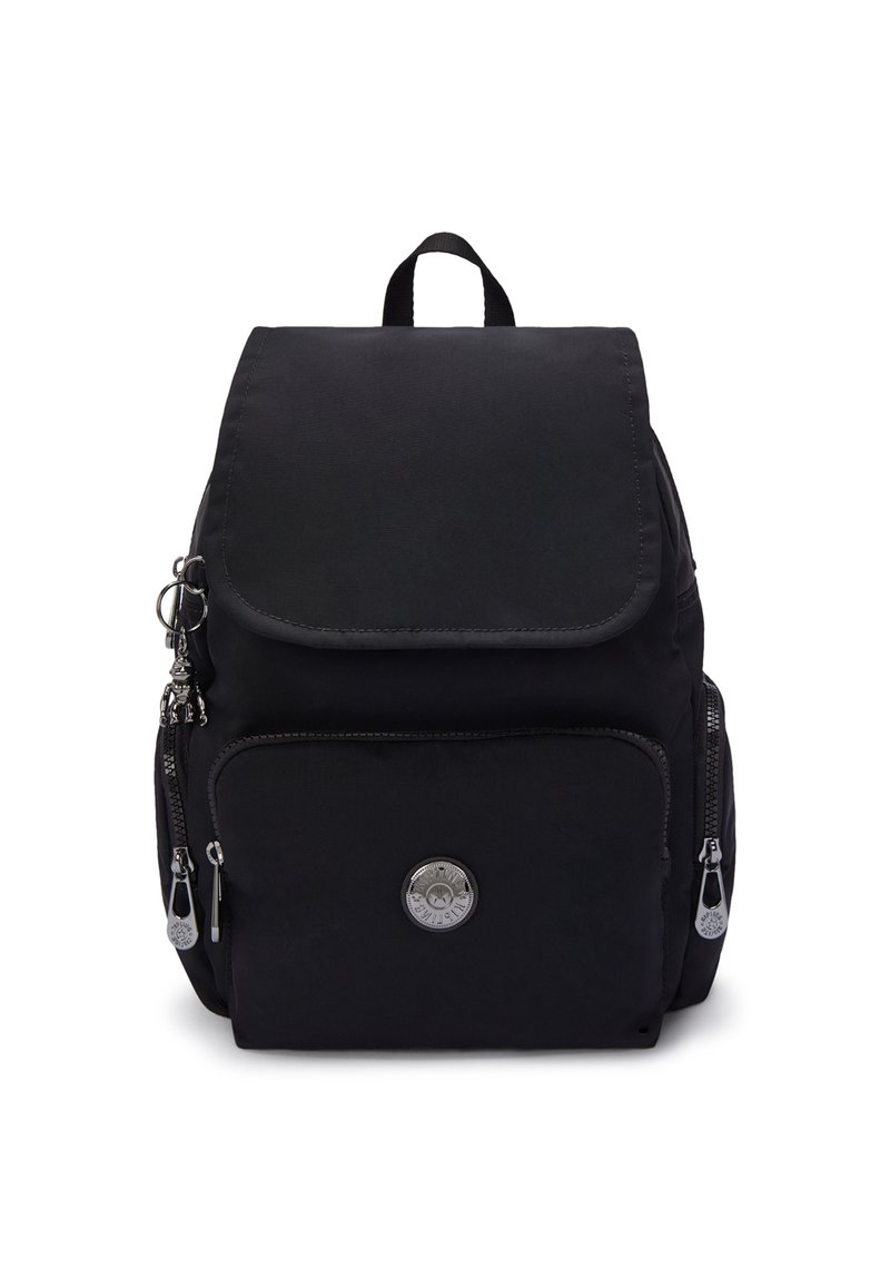 Black fabric backpack with a flap cover, multiple zippered pockets, silver hardware, and a round logo on the front. Smooth texture.