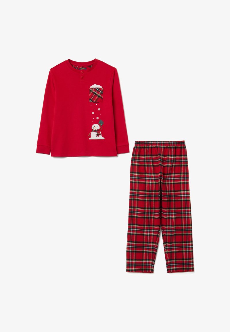 Maglietta da pigiama rossa a maniche lunghe con grafica di pupazzo di neve e tasca a quadri, abbinata a pantaloni da pigiama a quadri nei toni del rosso, verde e nero.