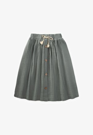 Jupe en coton vert clair avec taille froncée, liens à cordon, boutons en bois sur le devant, et une forme en A jusqu'au genou.