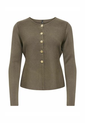 Cardigan vert olive à manches longues avec encolure ronde et cinq boutons dorés texturés sur le devant.