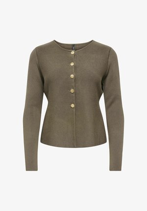 Cardigan vert olive à manches longues avec encolure ronde et cinq boutons dorés texturés sur le devant.