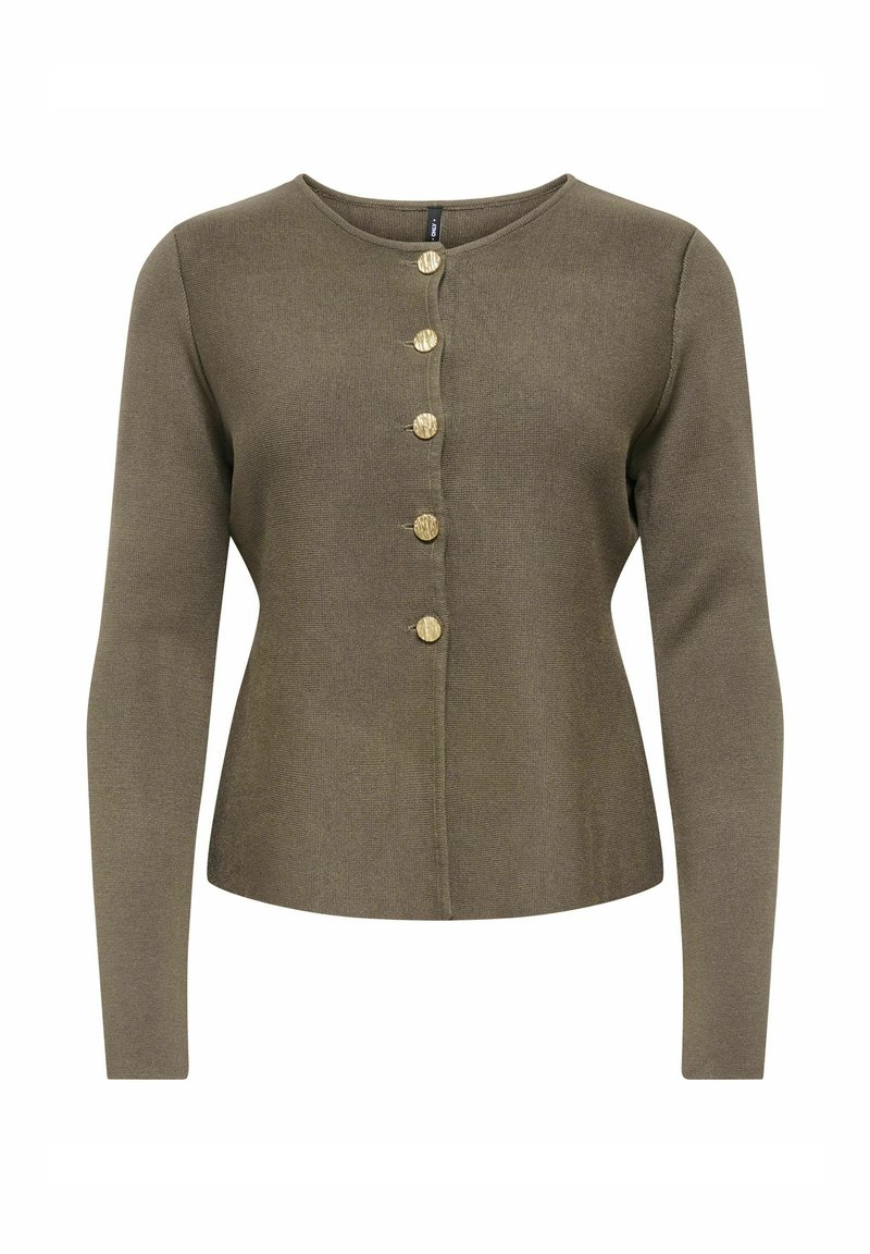 Cardigan vert olive à manches longues avec encolure ronde et cinq boutons dorés texturés sur le devant.