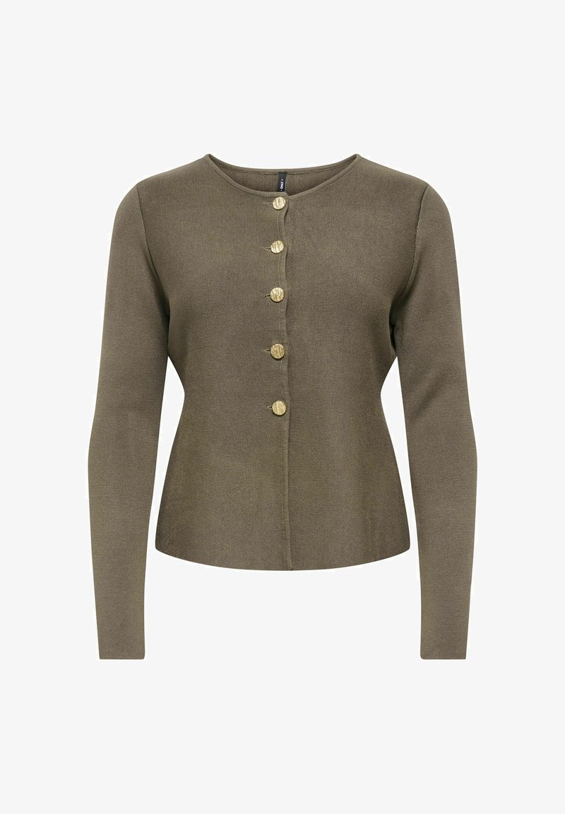 Cardigan verde oliva a maniche lunghe con scollo rotondo e cinque bottoni dorati testurizzati sul davanti.