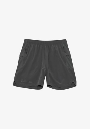 Krótkie szare szorty z elastycznym pasem, wyposażone w boczne kieszenie, subtelne logo oraz gładki, lekki materiał zapewniający komfort.