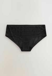 Chiloți negri de bikini, cu un material texturat, cu nervuri, design de înălțime medie și acoperire completă, având un tiv neted.