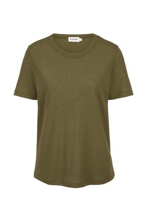 Olivegrünes Kurzarm-T-Shirt aus Baumwolle mit Rundhalsausschnitt, geradem Saum und Markenetikett auf der Rückseite des Innenkragens.