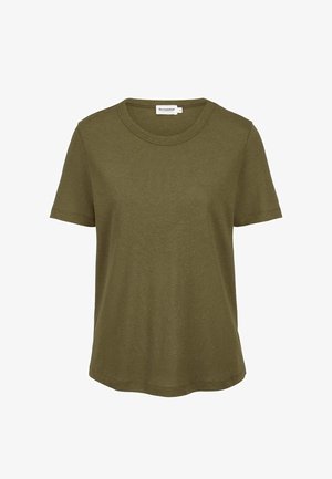 Olivegrünes Kurzarm-T-Shirt aus Baumwolle mit Rundhalsausschnitt, geradem Saum und Markenetikett auf der Rückseite des Innenkragens.