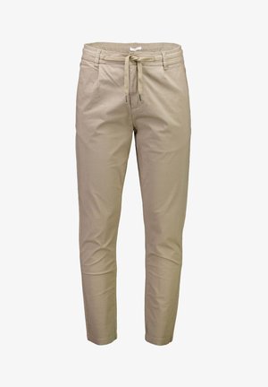 Light beige tapered pants made of soft fabric, featuring an elastic waistband with a drawstring and side pockets. Smooth texture, no patterns.