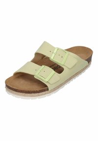 Green suede sandal with two adjustable straps and light green buckles. Cork footbed with a white rubber outsole and natural texture.
