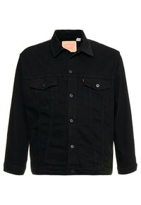 Black denim jacket with button closure, two chest pockets, and a plain design. Features a classic collar and long sleeves.