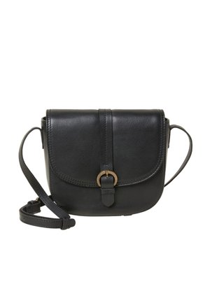 Black leather crossbody bag with flap closure and gold circular buckle detail, adjustable shoulder strap, smooth textured finish.