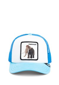 Cappellino da camionista con parte anteriore bianca, retro in rete blu e visiera azzurra; presenta un design ricamato di mammut.