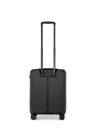 Valigia nera, leggera, con texture a costine verticali, manico retrattile e quattro ruote per la mobilità. Chiusura con zip e design minimale.