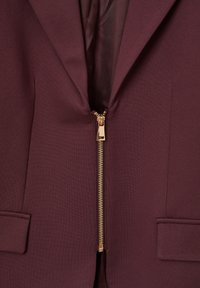 Giacca zip-up borgogna con texture liscia, zip dorata e design sartoriale. Presenta due tasche frontali e una finitura pulita, non decorata.