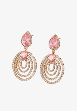 Rózsaarany fülbevalók, csepp formájú rózsaszín kövekkel és kör alakú mintával, tiszta strasszokkal díszítve, több rétegű gyűrűkben.