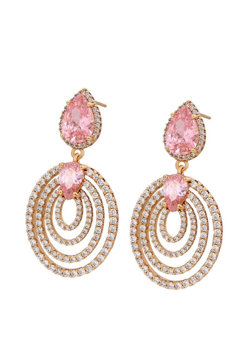 Orecchini in oro rosa con pietre rosa a forma di goccia e design circolare, arricchiti da strass trasparenti in anelli a più strati.