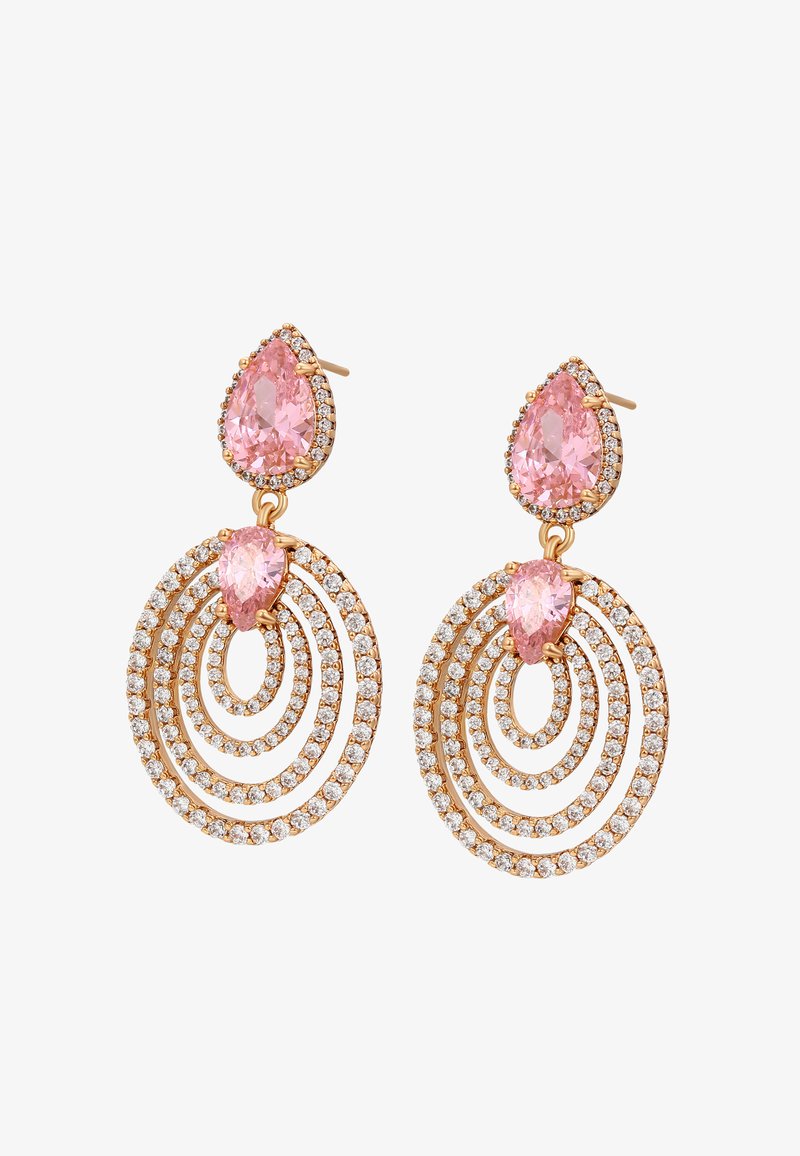 Rožinės auksinės auskarai su ašarų formos rožinėmis akmenimis ir apvaliais raštais, puošti skaidriais cirkoniais keliuose sluoksniuose.