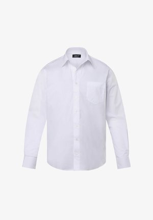 White long-sleeve shirt made of cotton, featuring a button-down design, collar, and a single breast pocket with a smooth texture.
