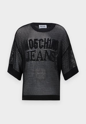 Sort, kortærmet mesh top med rund hals, der har et tekstureret design og ordene "MOSCHINO JEANS" tydeligt vist i midten.