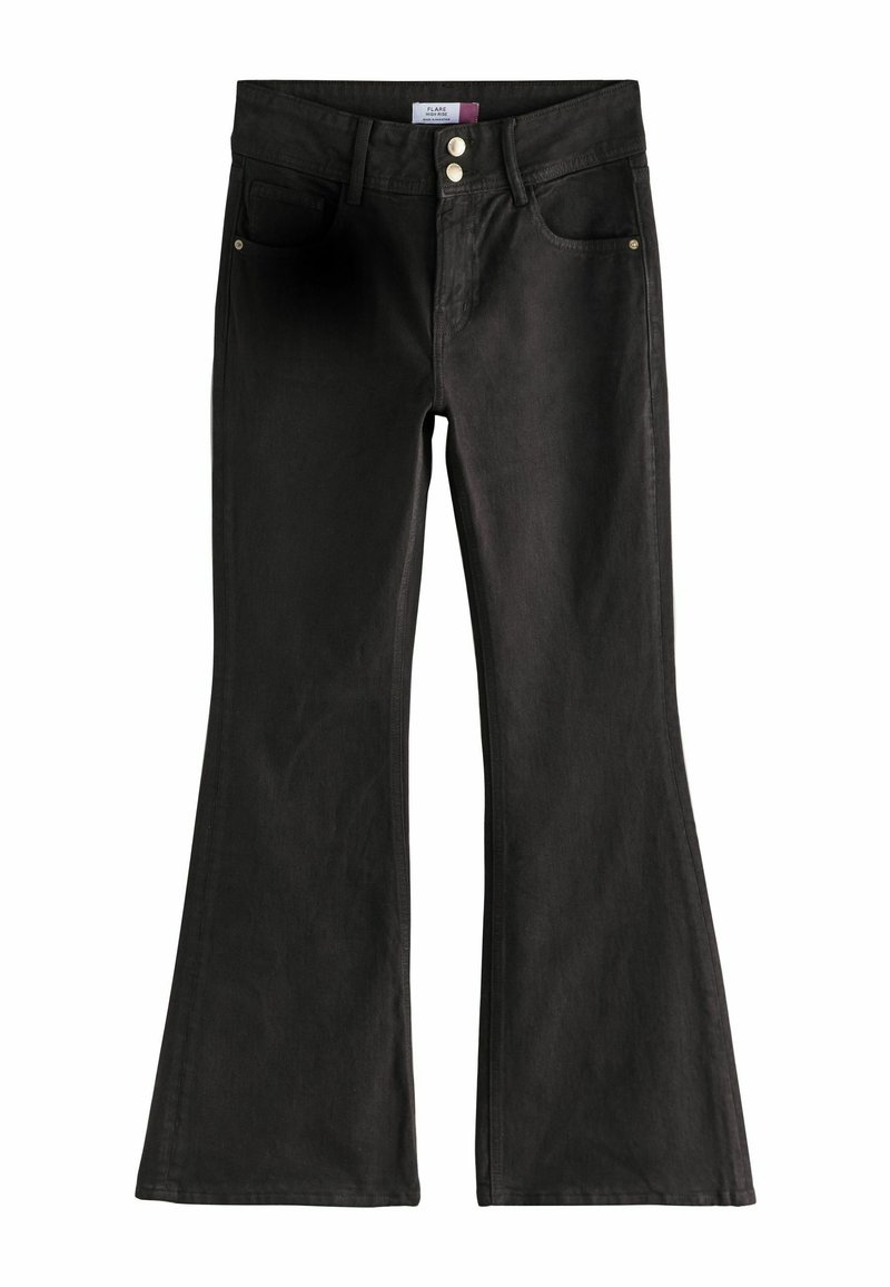 Svarta flare-jeans i denim, med hög midja, två framfickor och en slät yta. Två metallknappar vid gylfen.