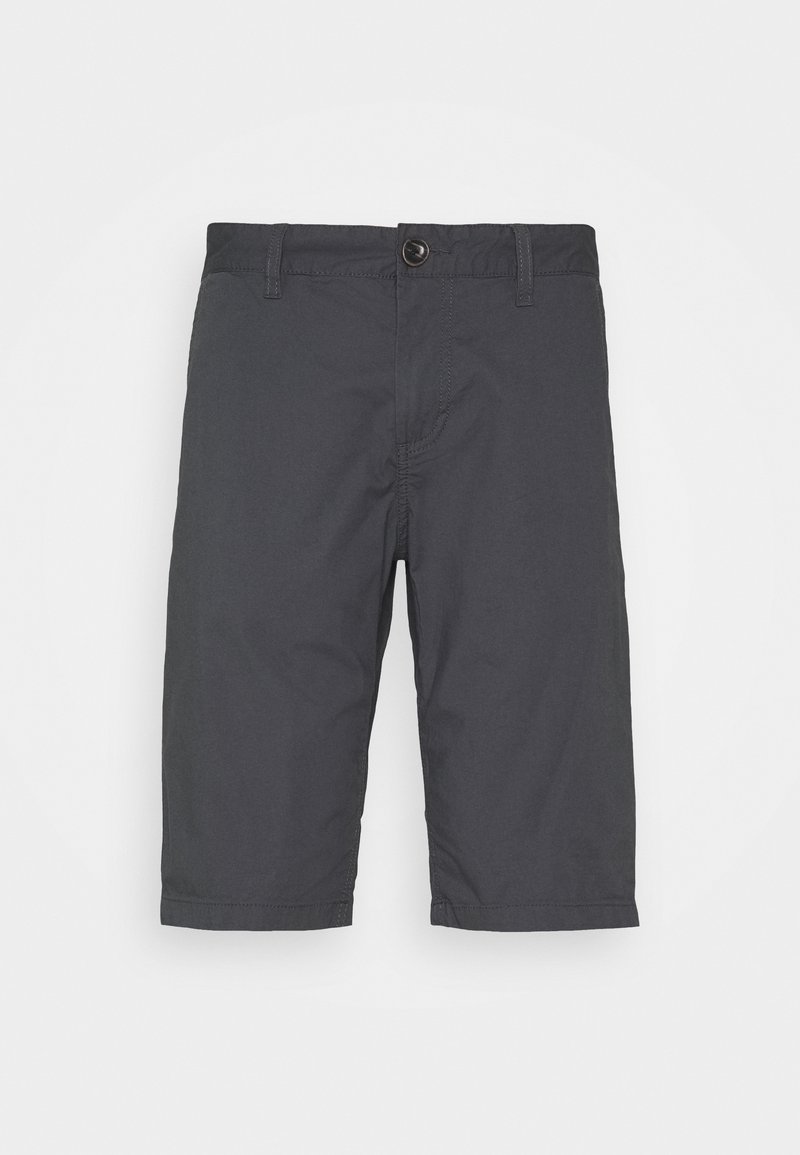 Shorts gris foncé arrivant au genou avec bouton et passants pour ceinture, présentés à plat sur un fond clair.