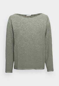 Vaaleanvihreä, pitkähihainen neulepusero, joka on valmistettu tekstuuri-aineesta ja jonka muotoilu on rento ja leveä kaula-aukko. Sisältää hienovaraisen slub-kuvion kauttaaltaan.