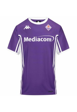 Maillot de football violet de la Fiorentina avec logo blanc Mediacom, branding Kappa, et emblème du club sur la poitrine, avec des bandes blanches sur les côtés et des bordures blanches aux manches.