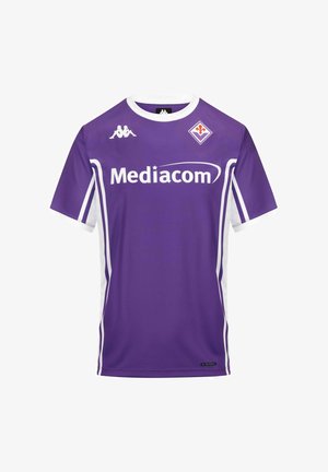 Maglia da calcio viola della Fiorentina con logo Mediacom bianco, marchio Kappa ed emblema del club sul petto, con strisce laterali bianche e rifiniture sulle maniche.