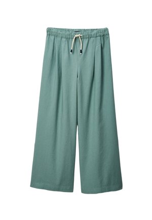 Pantalons larges en tissu vert doux avec une taille élastique et un cordon de serrage. Comprend des plis pour un volume et un confort accrus.