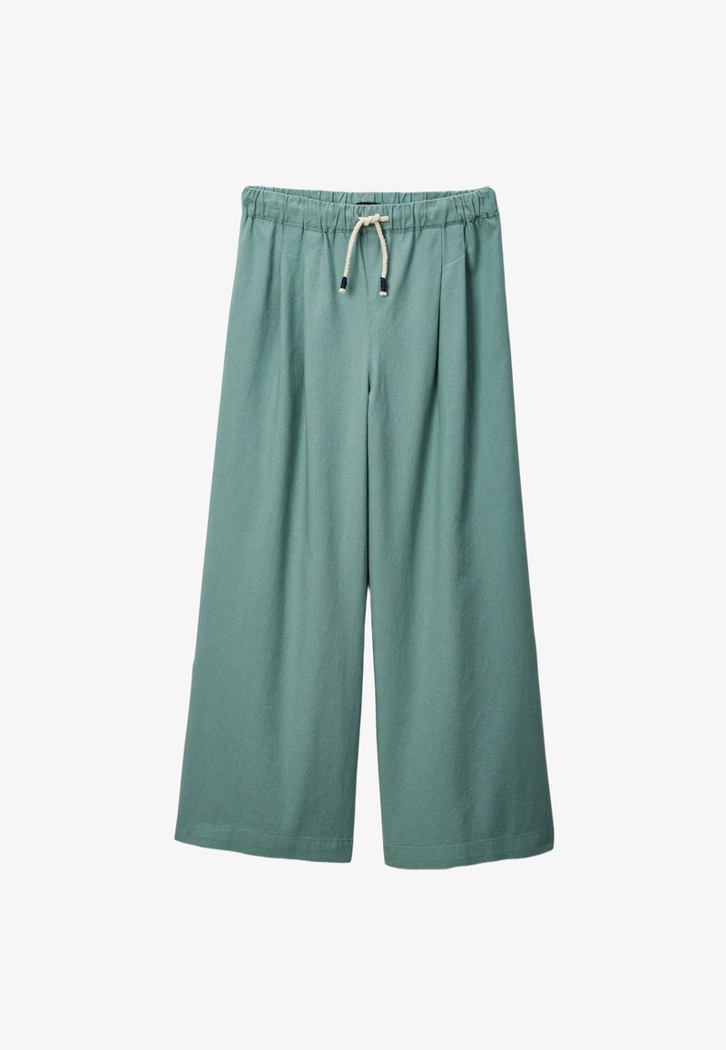 Pantalons larges en tissu vert doux avec une taille élastique et un cordon de serrage. Comprend des plis pour un volume et un confort accrus.