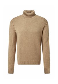Beige gestrickter Rollkragenpullover mit langen Ärmeln und gerippten Bündchen und Saum, vor einem weißen Hintergrund präsentiert.