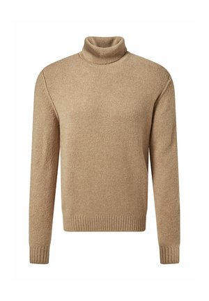 Beige gebreide coltrui met lange mouwen en ribbelmanchetten en -zoom, weergegeven tegen een witte achtergrond.