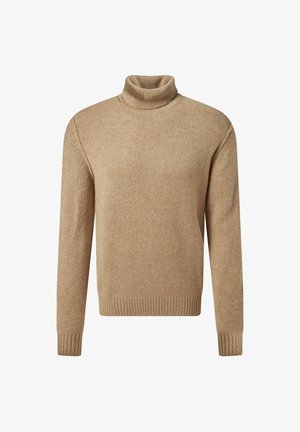 Beige gebreide coltrui met lange mouwen en ribbelmanchetten en -zoom, weergegeven tegen een witte achtergrond.