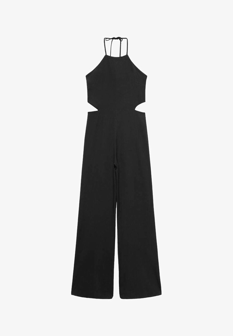 Combinaison noire sans manches à col halter avec découpes latérales et pantalon à jambes larges, nouée au cou avec des fines bretelles.