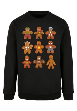 Svart hettegenser med fargerike pepperkake-lignende superheltedesign, inkludert forskjellige figurer med distinkte former og ansiktstrekk.