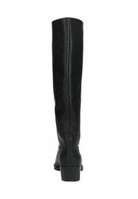Bottes en cuir noir montantes, avec une texture lisse, un bout arrondi, un talon carré et un design minimaliste sans embellissements.