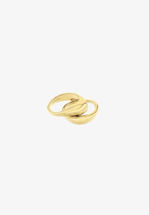 Tre guld ringe med et glat, afrundet design. En ring har en diskret gravering af "Calvin Klein" på sin indvendige overflade.